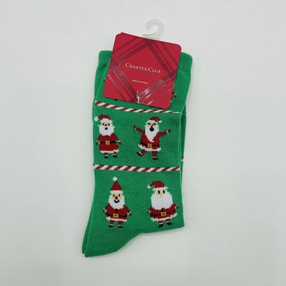 Charter Club Womens Sock Size 9-11 Christmas Santa Claus Candy Cane‎ Crew Socks
